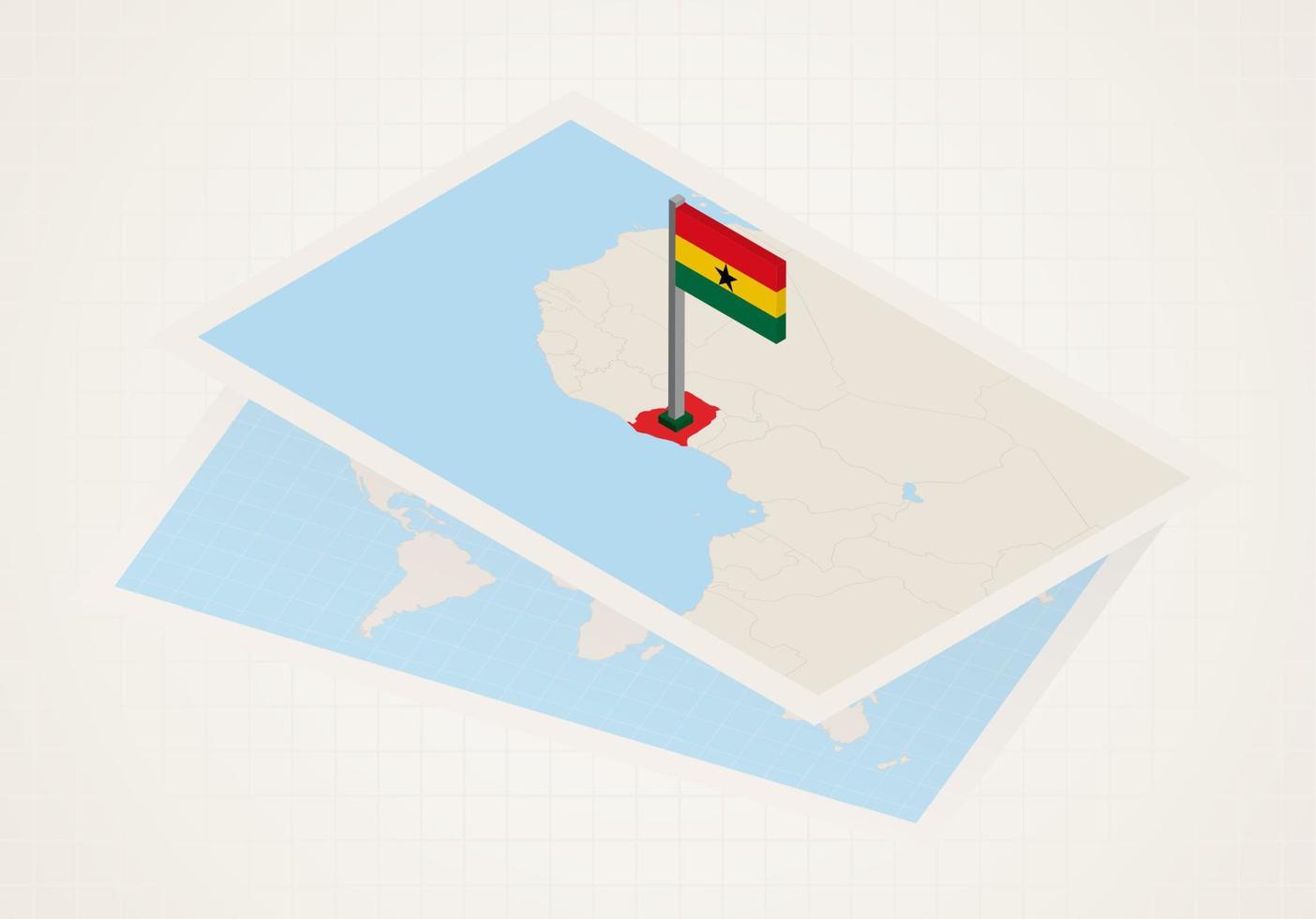 ghana seleccionado en el mapa con bandera 3d de ghana. vector