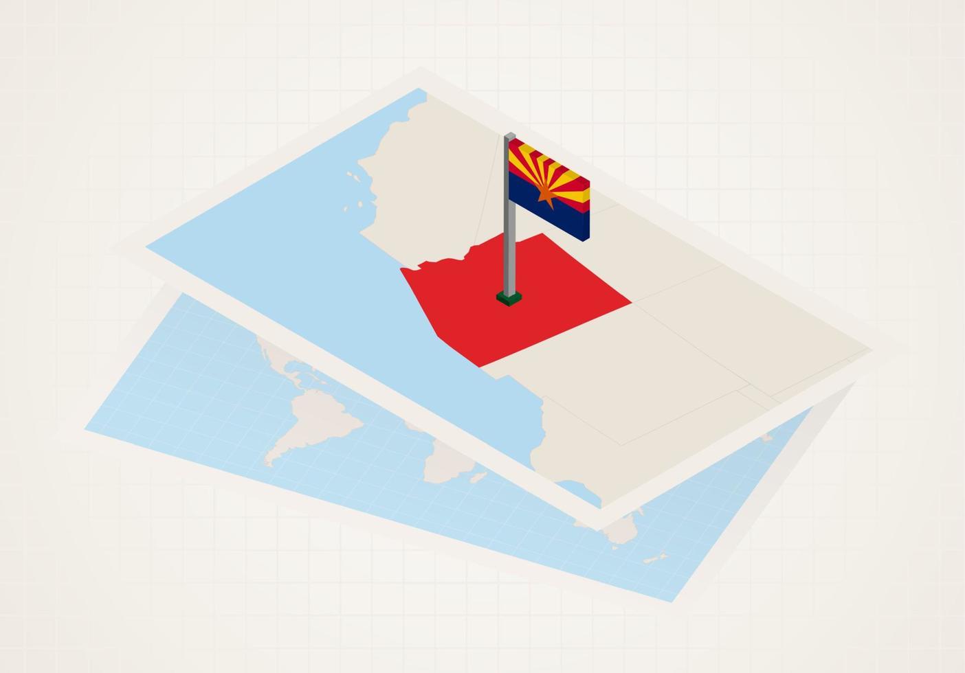 estado de arizona seleccionado en el mapa con bandera isométrica de arizona. vector