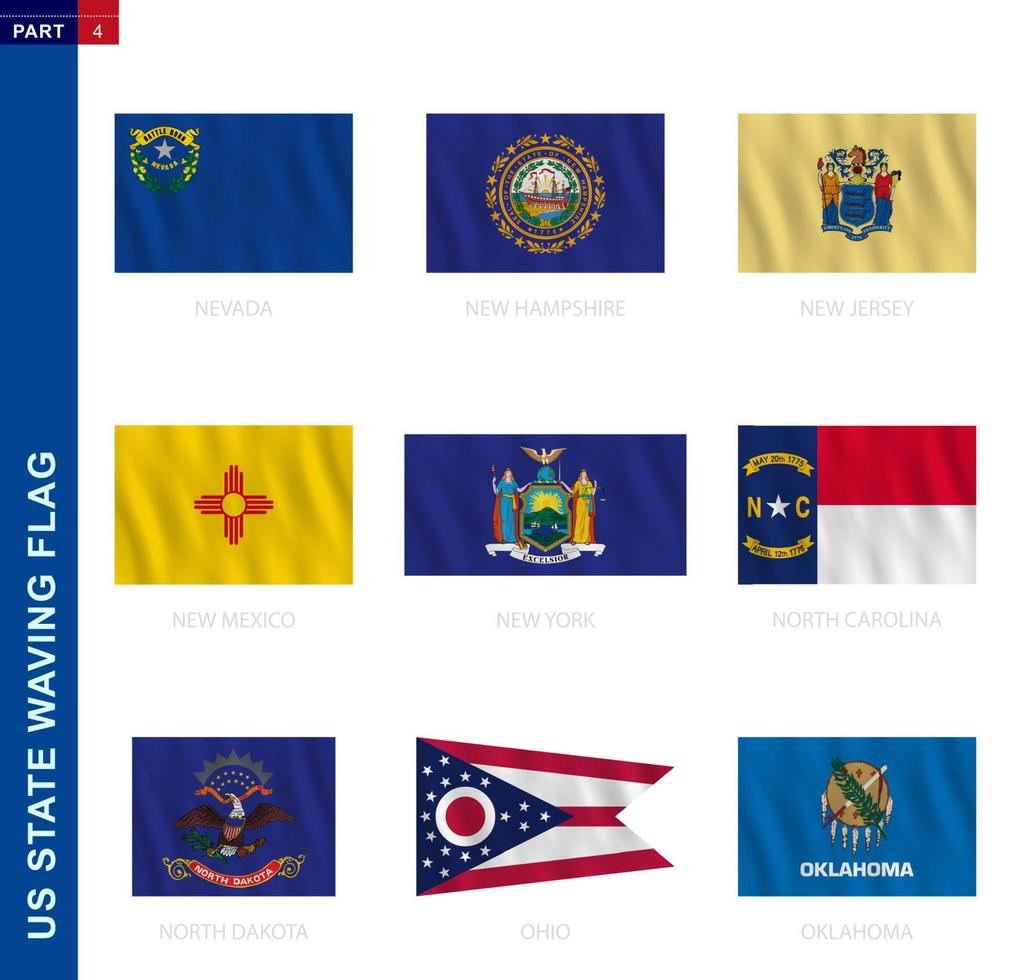 US states waving flag collection in official proportion, nine vector flag.