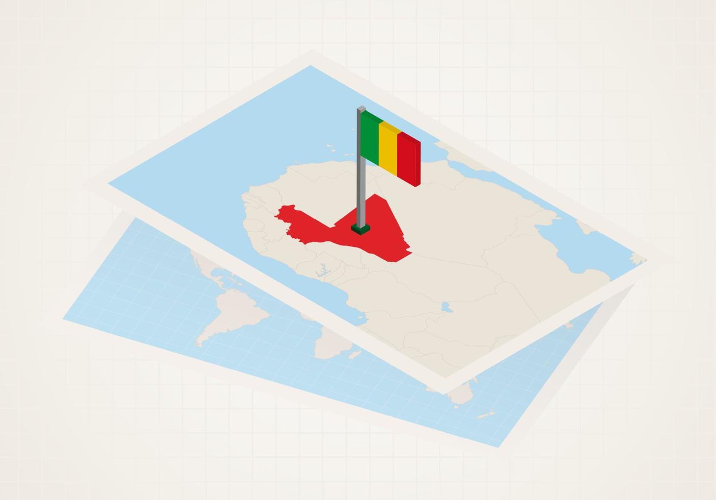 Mali selected on map with 3D flag of Mali. vector