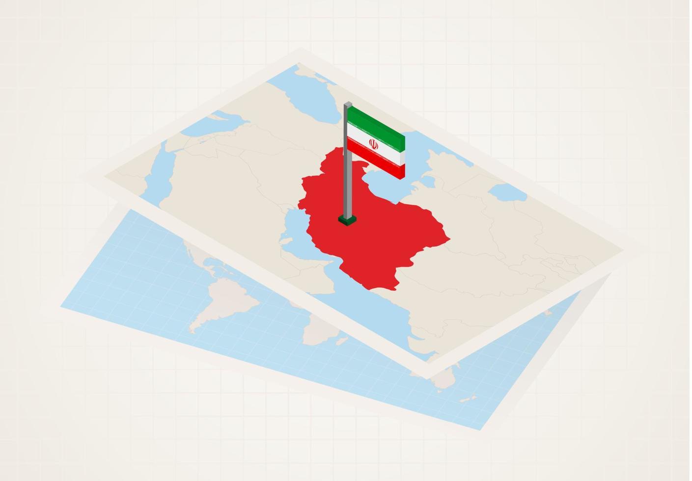 Iran selected on map with isometric flag of Iran. vector