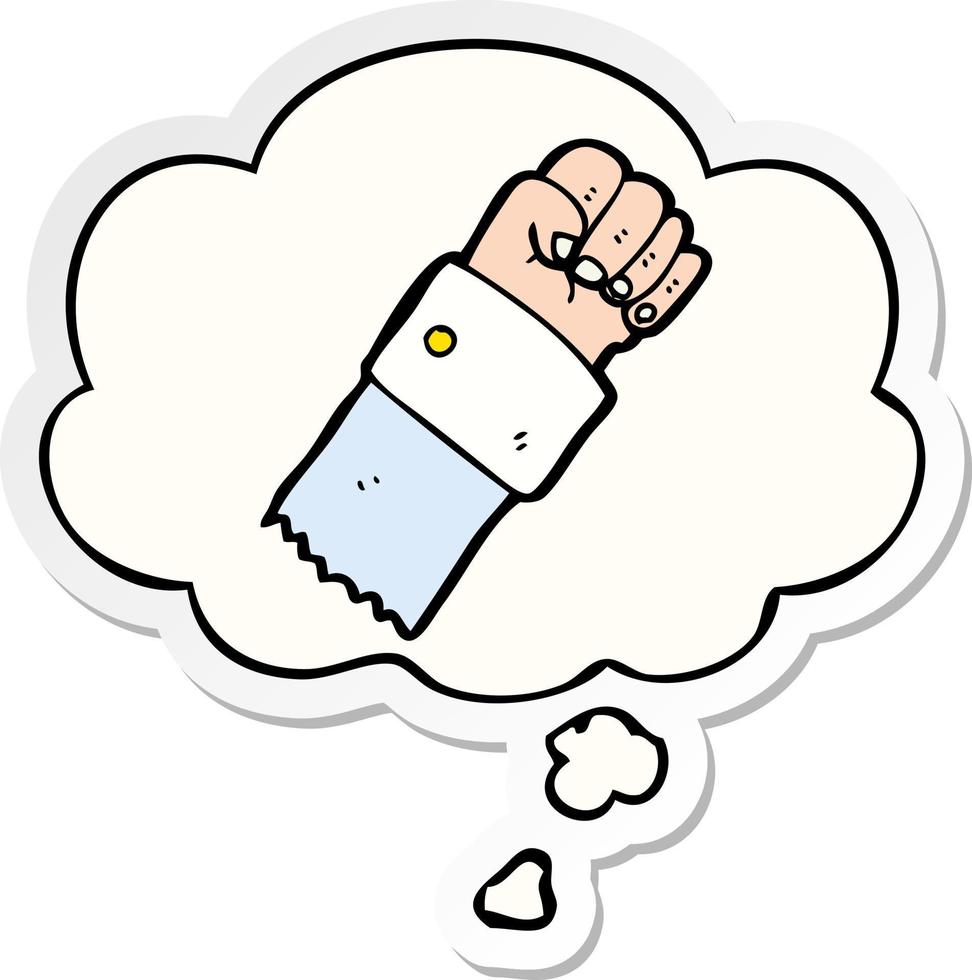 cartoon raised fist and thought bubble as a printed sticker vector