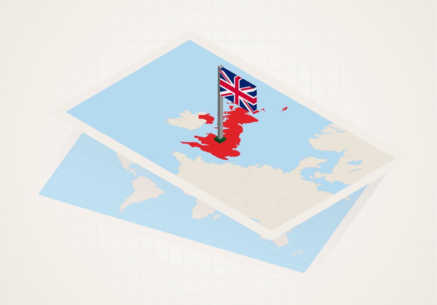 United Kingdom selected on map with isometric flag of UK. vector