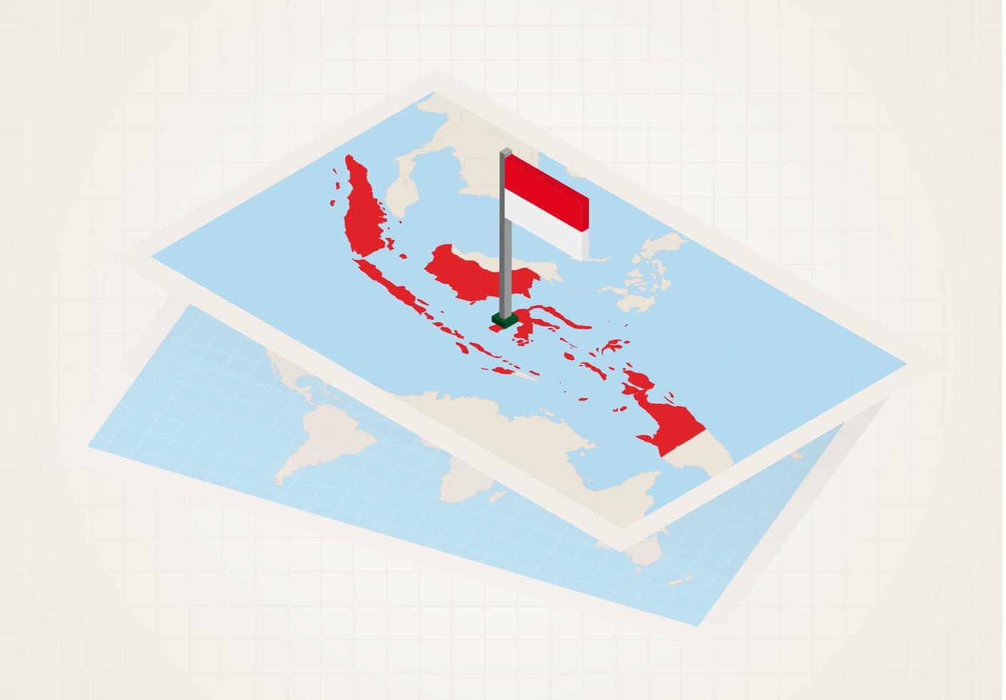 indonesia seleccionada en el mapa con bandera isométrica de indonesia. vector