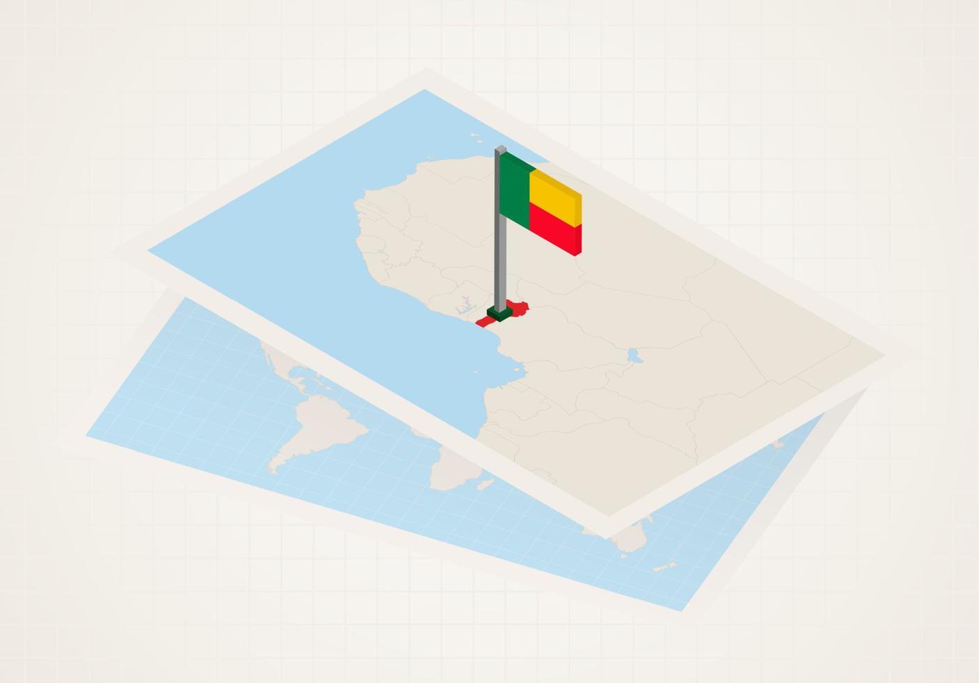 Benin selected on map with 3D flag of Benin. vector