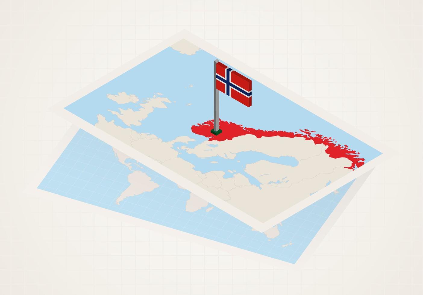 noruega seleccionada en el mapa con bandera isométrica de noruega. vector