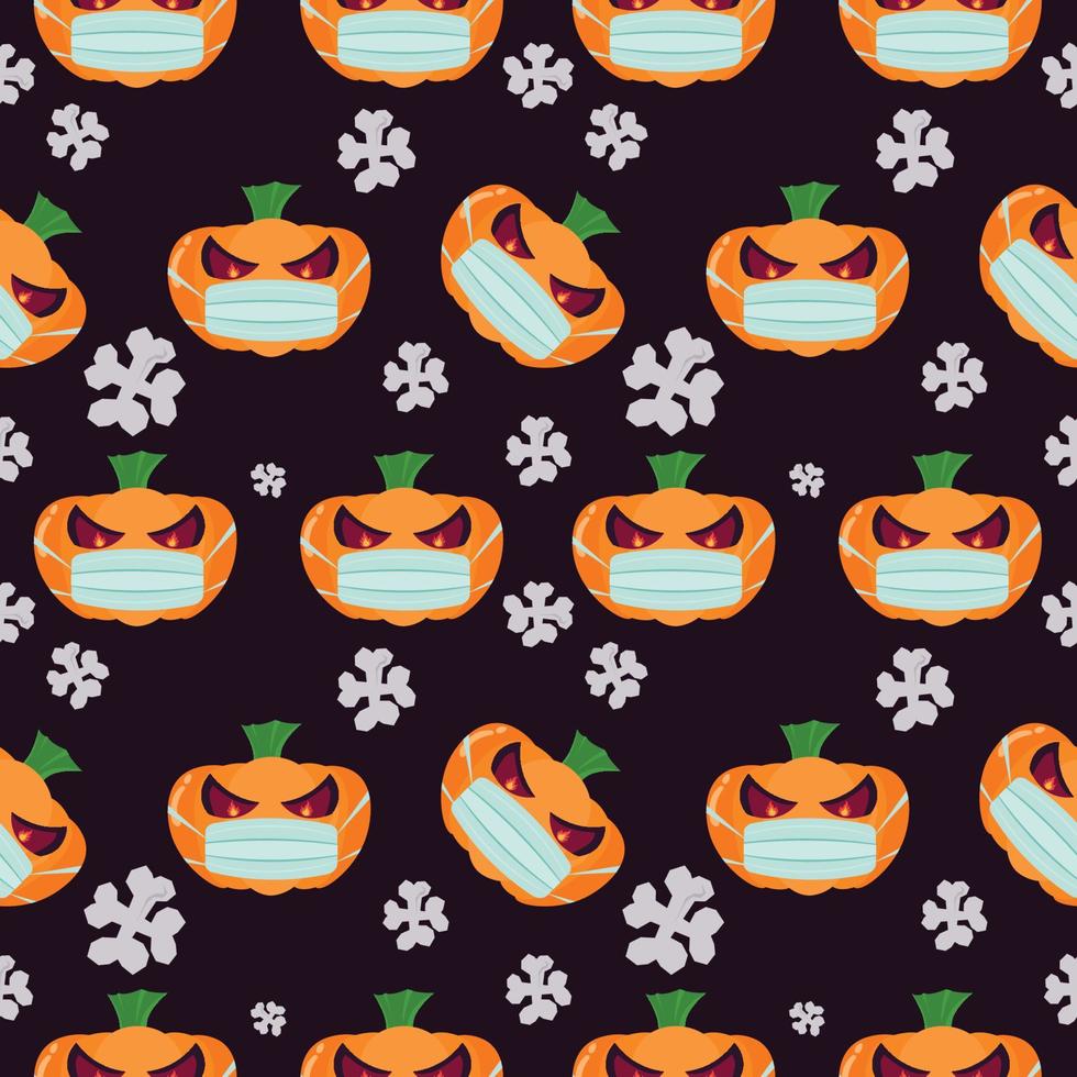seamless pattern of halloween pumpkins wearing a mask on black background , cartoon ghost funny faces. Orange pumpkin with smile in autumn holidays.vector illustration EPS10,covid 19 vector