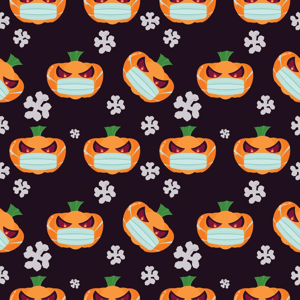 seamless pattern of halloween pumpkins wearing a mask on black background , cartoon ghost funny faces. Orange pumpkin with smile in autumn holidays.vector illustration EPS10,covid 19 vector