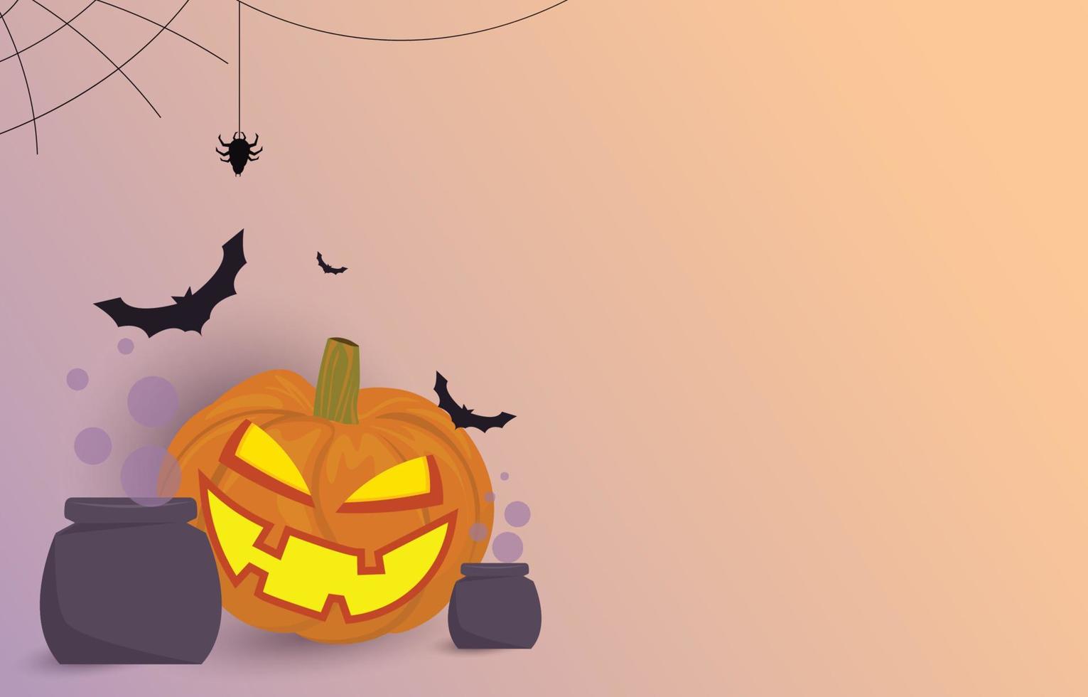 Halloween background. Decorated with ghost pumpkins, witch cauldrons, bats and spiders. with copy space. Horror and Ghost Day Concept Illustration Vector