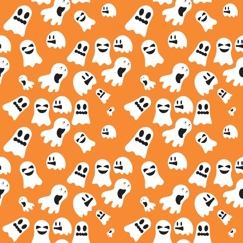 Halloween ghost background seamless pattern in orange color, to be used as a greeting card or wallpaper,fabric,textile,wrapping, vector illustration.