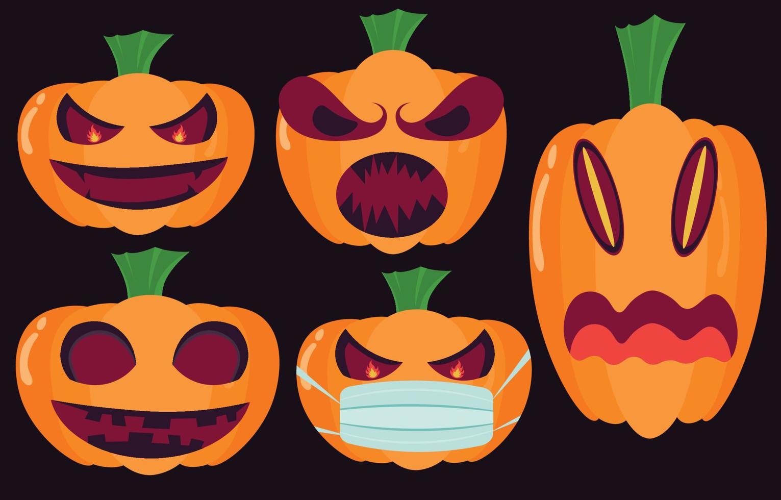 conjunto de calabazas de halloween aisladas sobre fondo negro, caras divertidas de fantasmas de dibujos animados. calabaza naranja con sonrisa en las vacaciones de otoño. ilustración vectorial eps10. vector