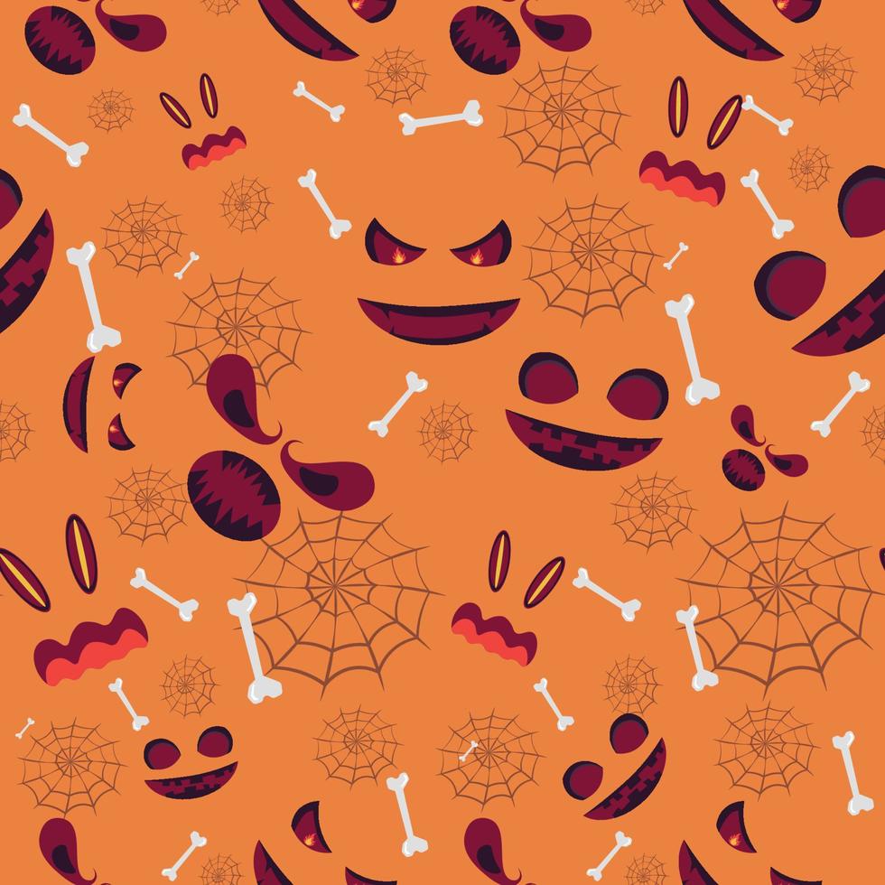 seamless pattern of halloween ghost with bones and cobwebs  on orange background , cartoon ghost funny faces. Orange pumpkin with smile in autumn holidays.vector illustration EPS10 vector