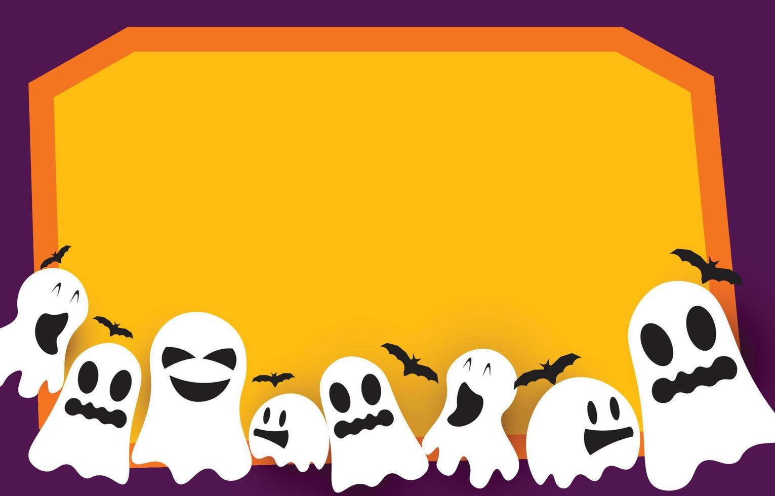 fondo naranja de papel en blanco con fantasmas y murciélagos aterradores y divertidos, con espacio de copia para el diseño de Halloween, ilustración vectorial. vector
