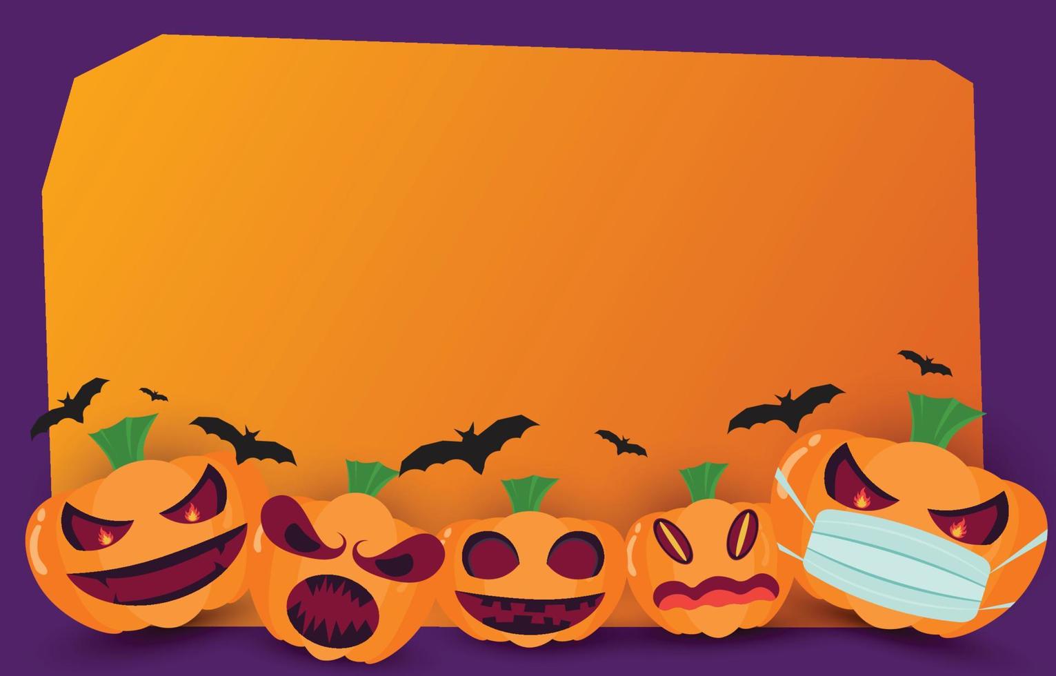 fondo naranja de papel en blanco con calabazas y murciélagos de cara fantasma, con espacio de copia para el diseño de Halloween, ilustración vectorial. vector