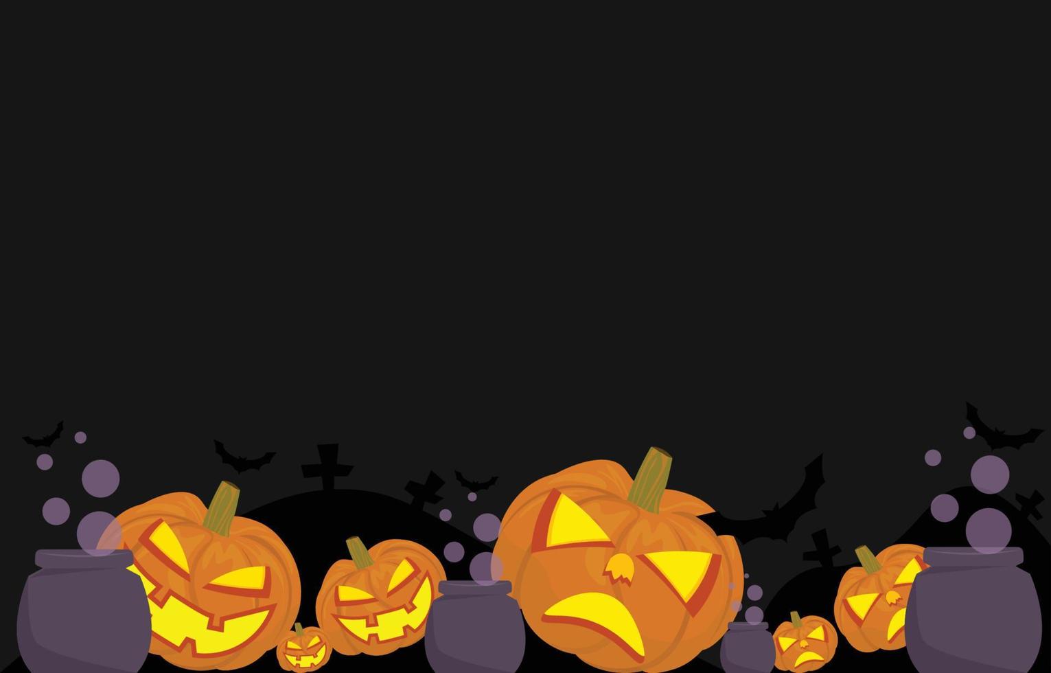 Halloween background. Decorated with ghost pumpkins, witch cauldrons, bats. with copy space. Horror and Ghost Day Concept Illustration Vector