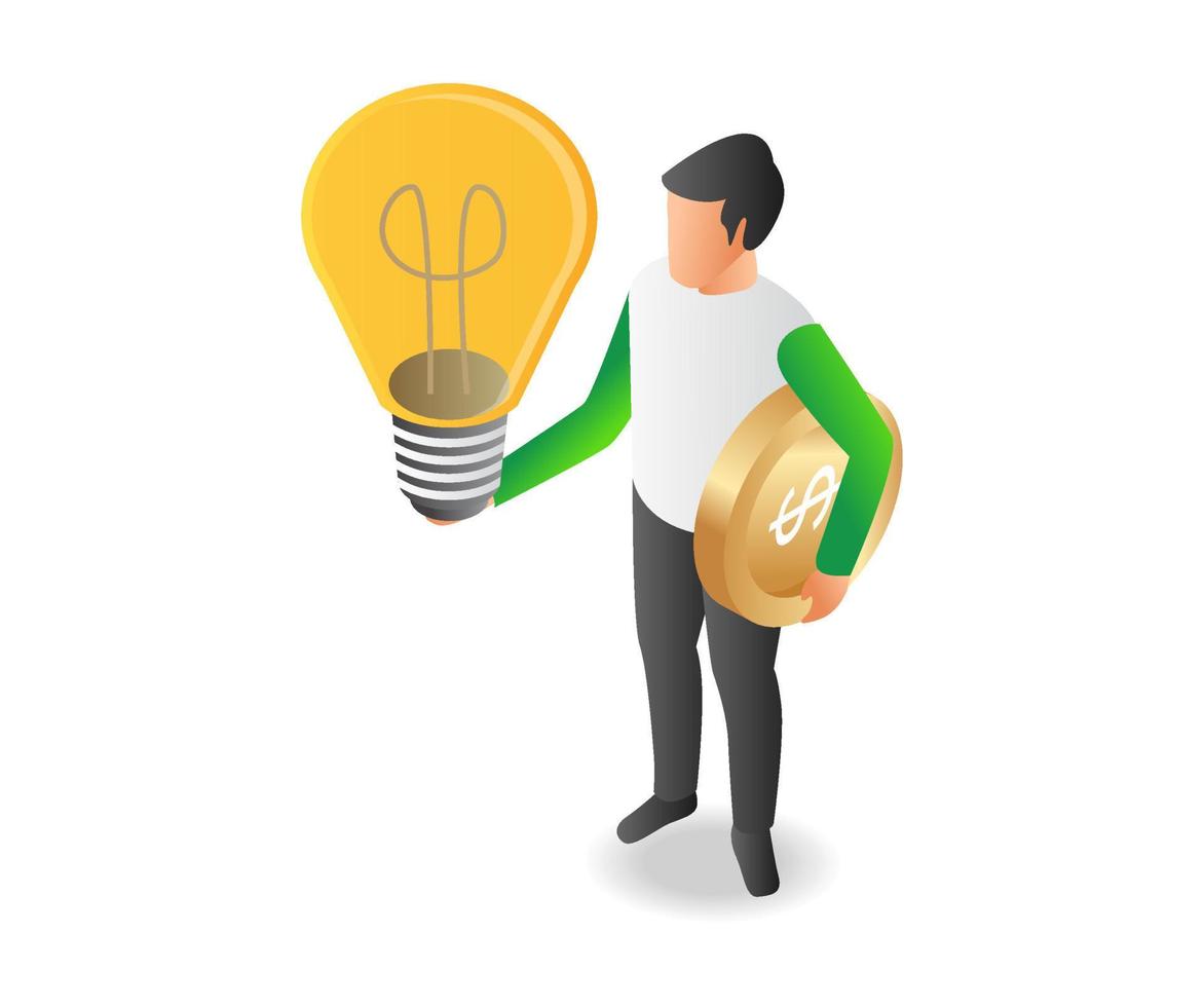 Man carrying idea lamp and money vector