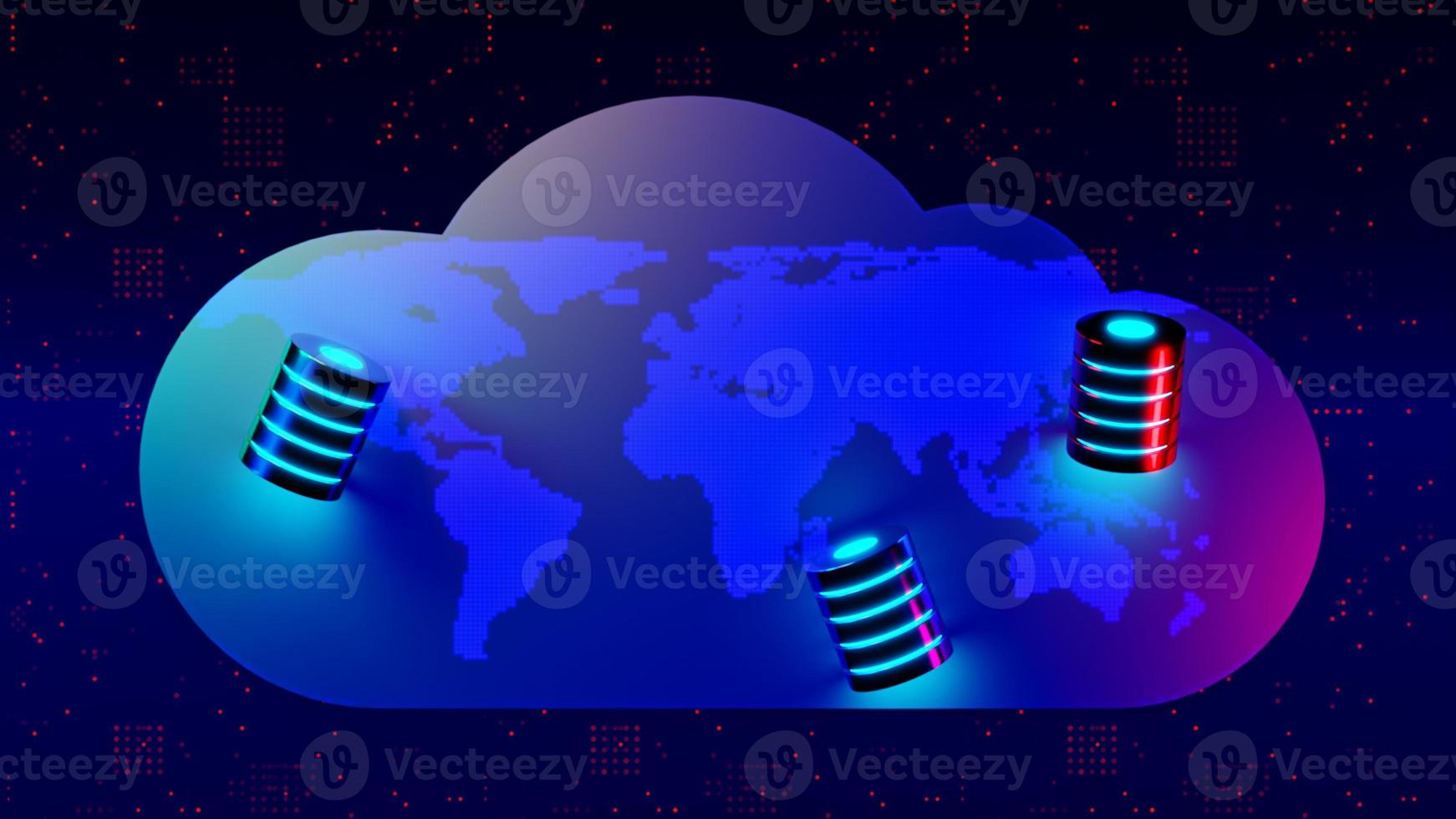 Multiple database is placed on cloud digital dotted world map. Concept of a cloud database storage network, Global database. Network databases.  3D rendering. photo