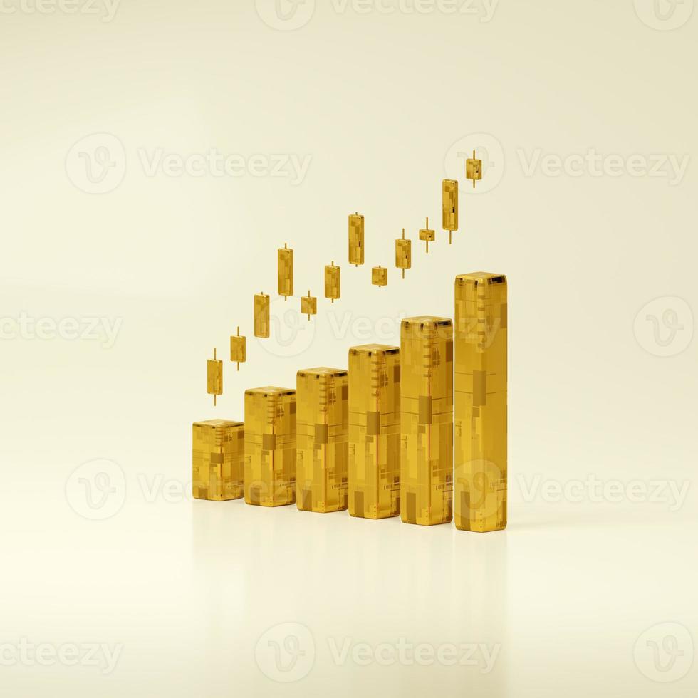 Growing digital golden business bars graph and Candlestick chart graphs with a light yellow background. Gold market growth and Investment. Stock market trading, Exchange, Financial. 3d rendering. photo