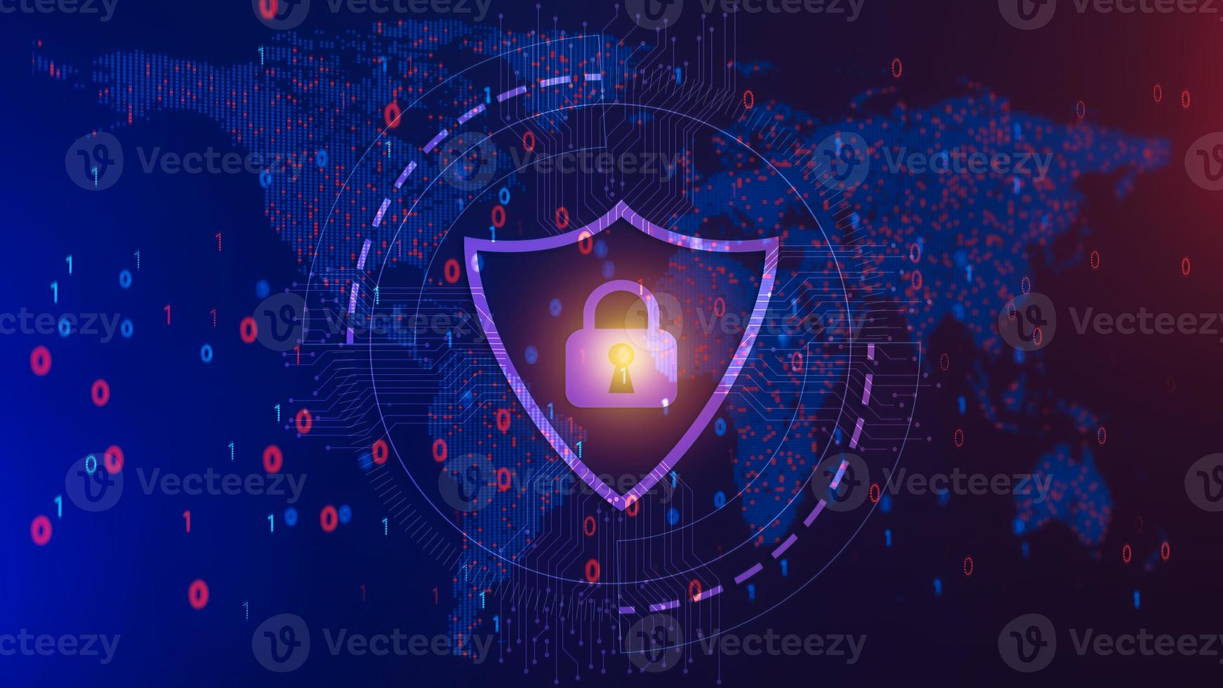 Padlock and shield with dotted map background. Concept of internet privacy or cyber protection, Cyber security technology, Global network security, Personal Data Protection Act PDPA. 3D rendering. photo
