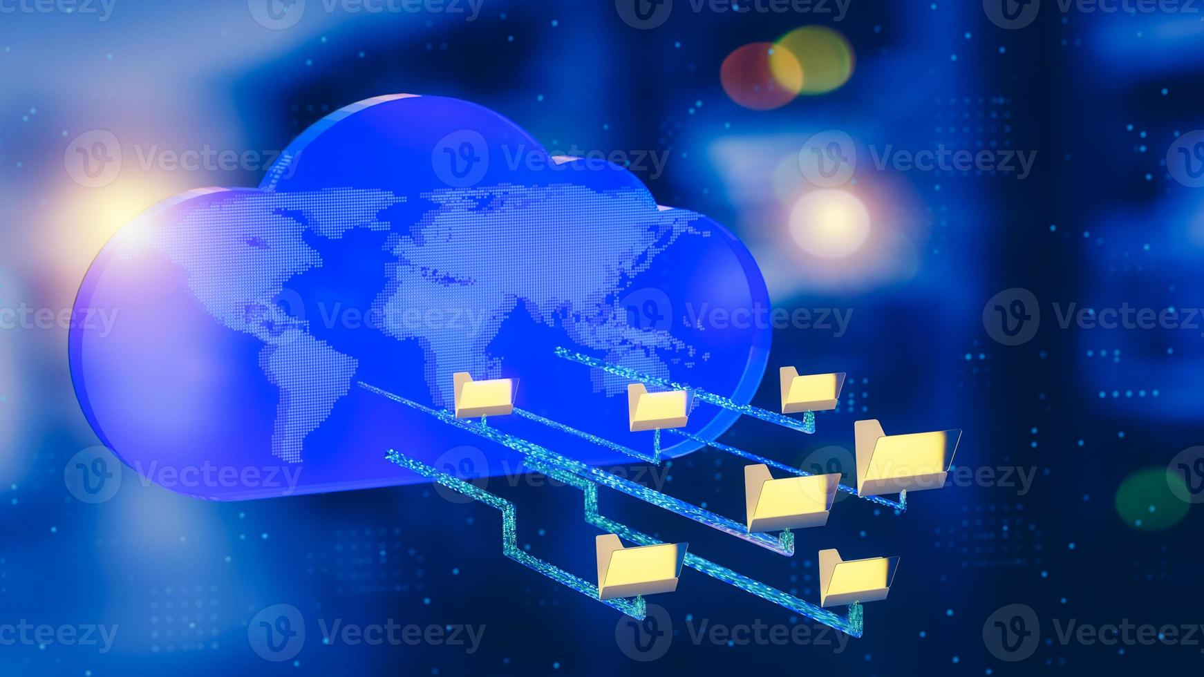 servicio de computación en la nube, concepto de tecnología de almacenamiento de datos en la nube. almacenamiento de archivos en la nube. representación 3d foto