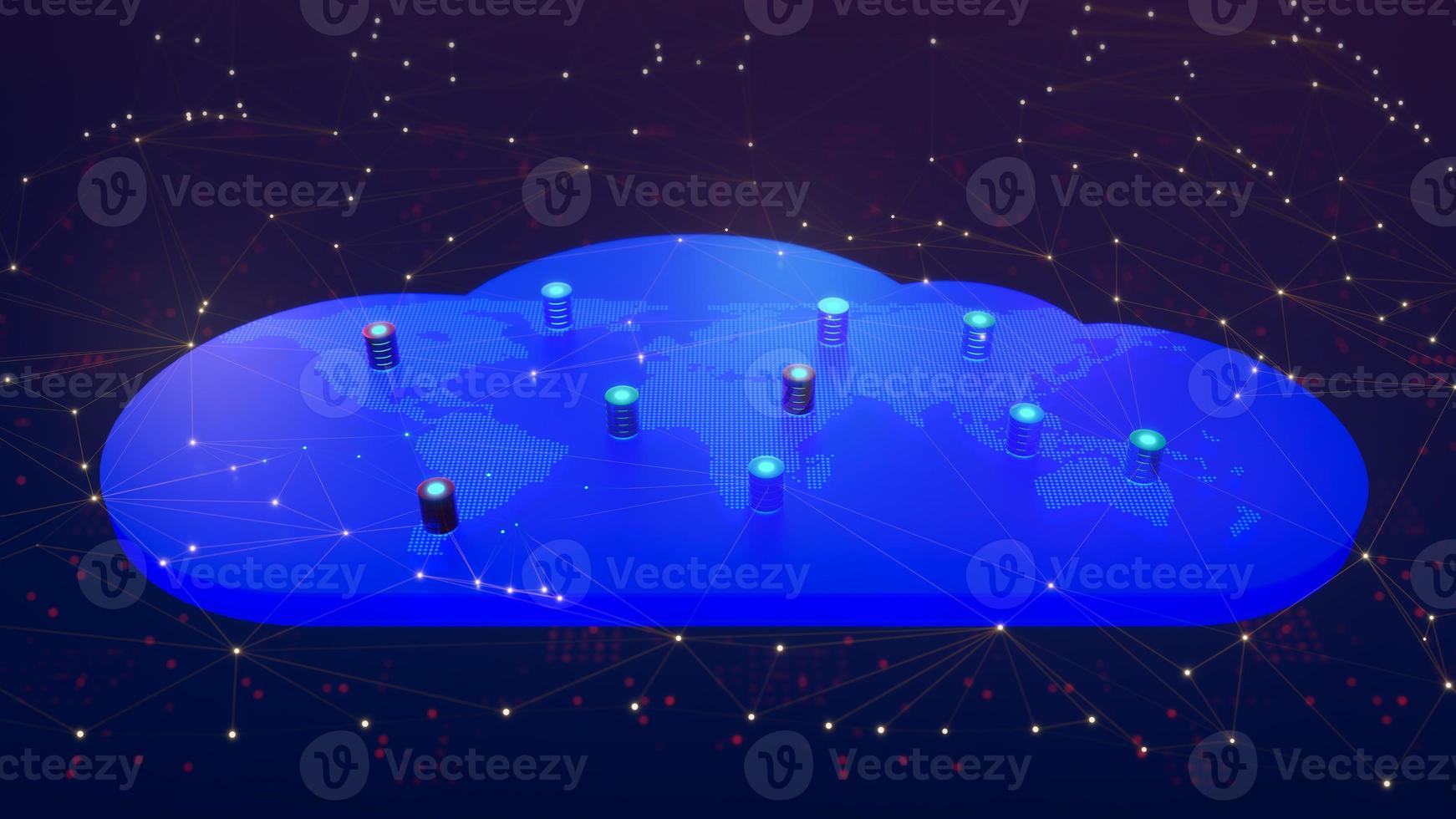 Multiple database is placed on cloud digital dotted world map. Concept of a cloud database storage network, Global database. Network databases.  3D rendering. photo