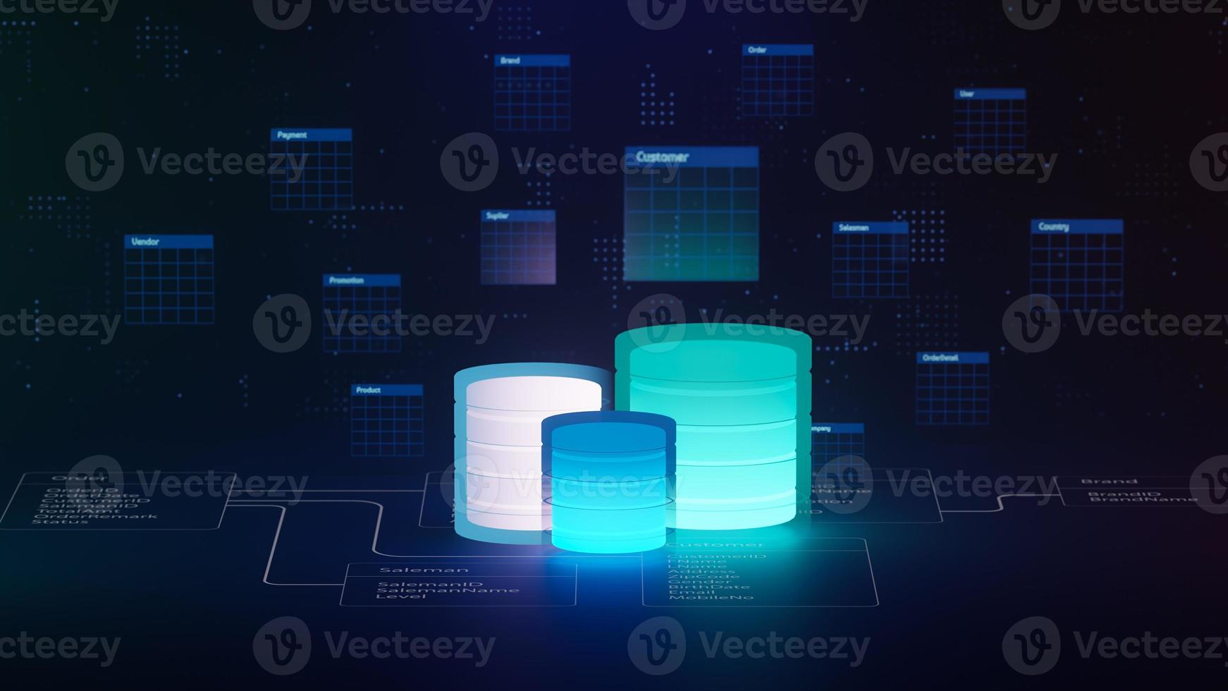 Multiple database is placed on Relational database tables. Concept of database server, SQL, data storage, database diagram design, Data center, Webhosting. 3D rendering. photo