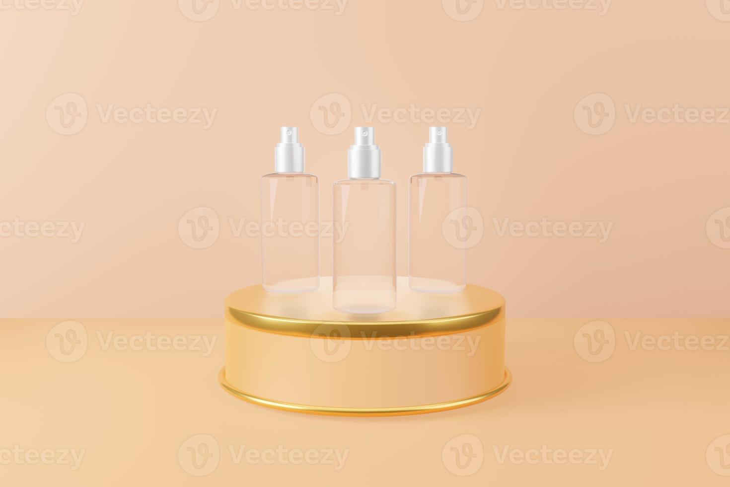 Glass spray bottle beauty cosmetic on gold stand podium 3D illustration with earth tone background photo