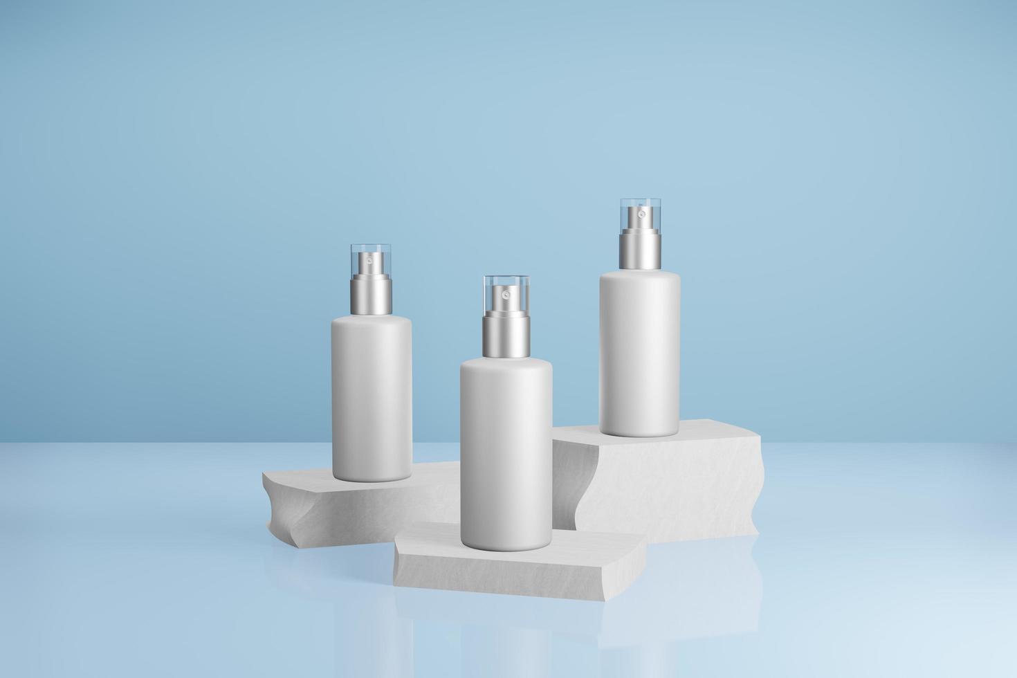 conjunto de cosméticos de belleza de botella de spray blanco en podio de soporte de roca maqueta en blanco ilustración 3d con fondo azul foto