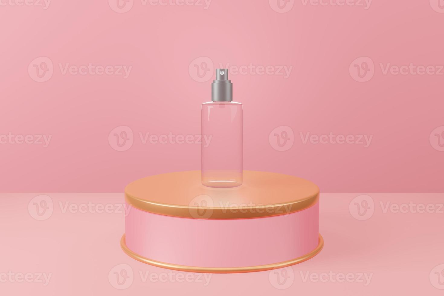 Glass spray bottle beauty cosmetic on pink and copper podium Blank mockup 3D illustration with blue background photo