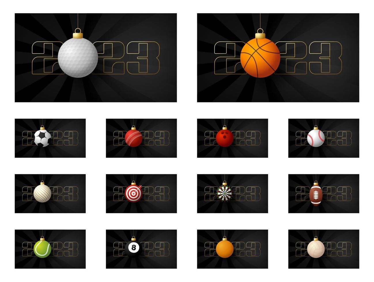 2023 new year and christmas sport banner set. Collection of Christmas greeting card with realistic sport ball as a xmas ball on black background with number 2023. Vector illustration set