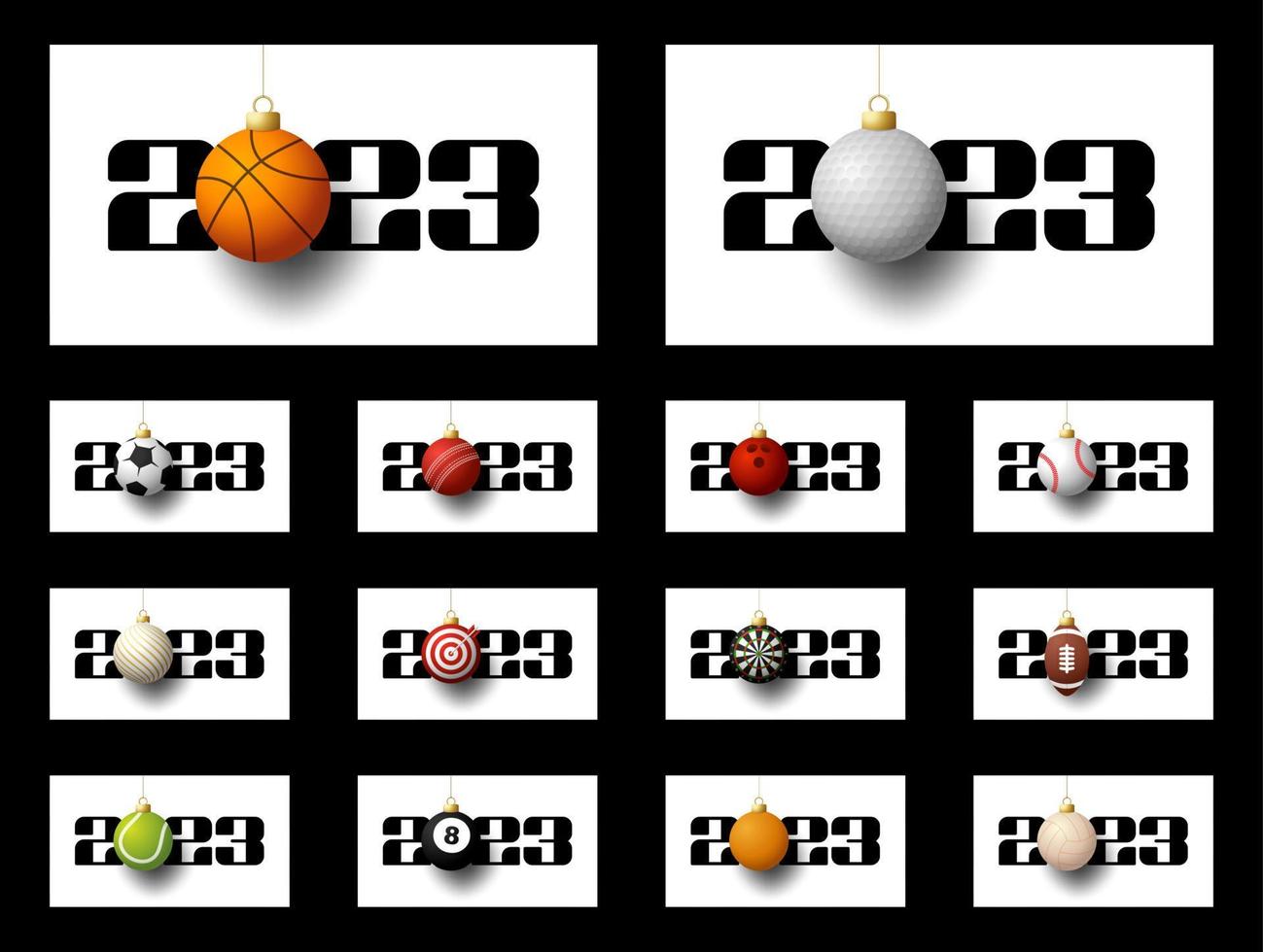 2023 new year and christmas sport banner set. Collection of Christmas greeting card with realistic sport ball as a xmas ball on white background with number 2023. Vector illustration set