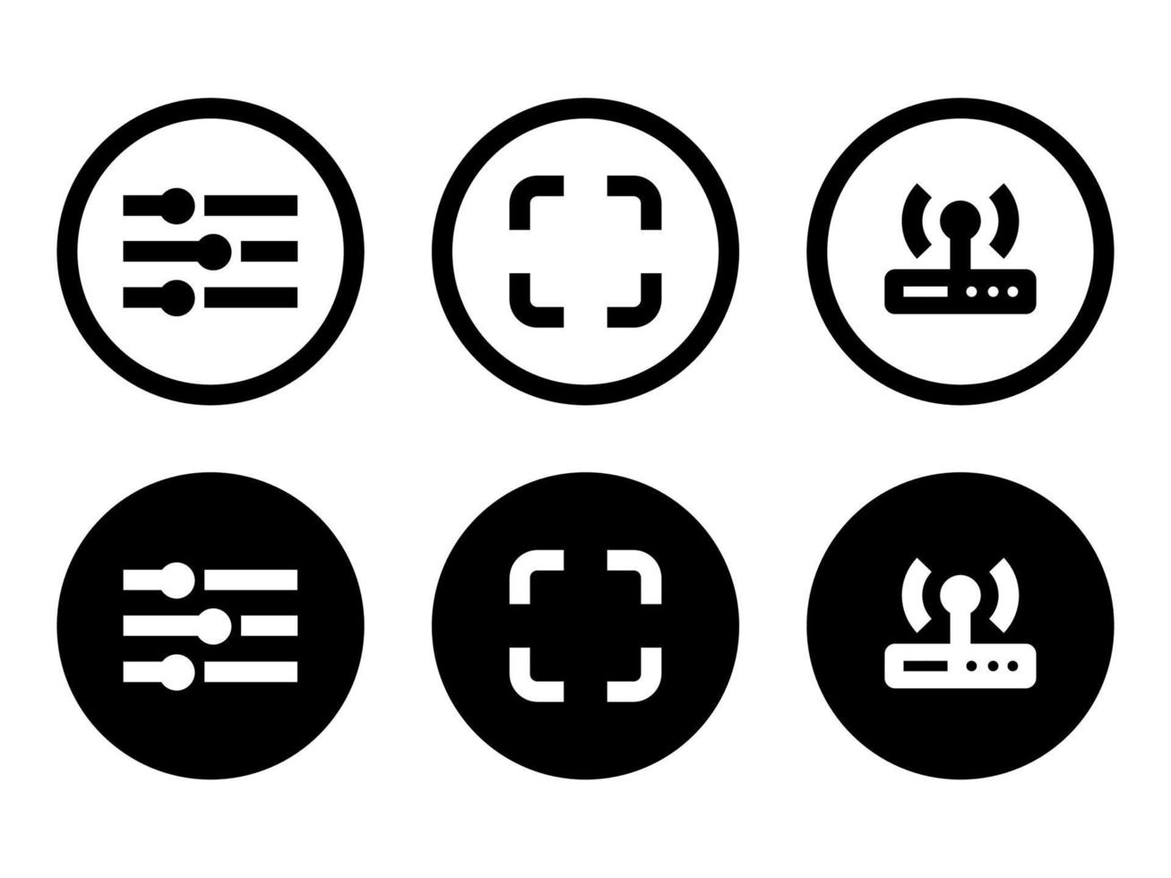la configuración, la pantalla completa y el icono de la estación de conexión en los iconos de estilo moderno se encuentran en fondos blancos y negros. el paquete tiene seis iconos. vector