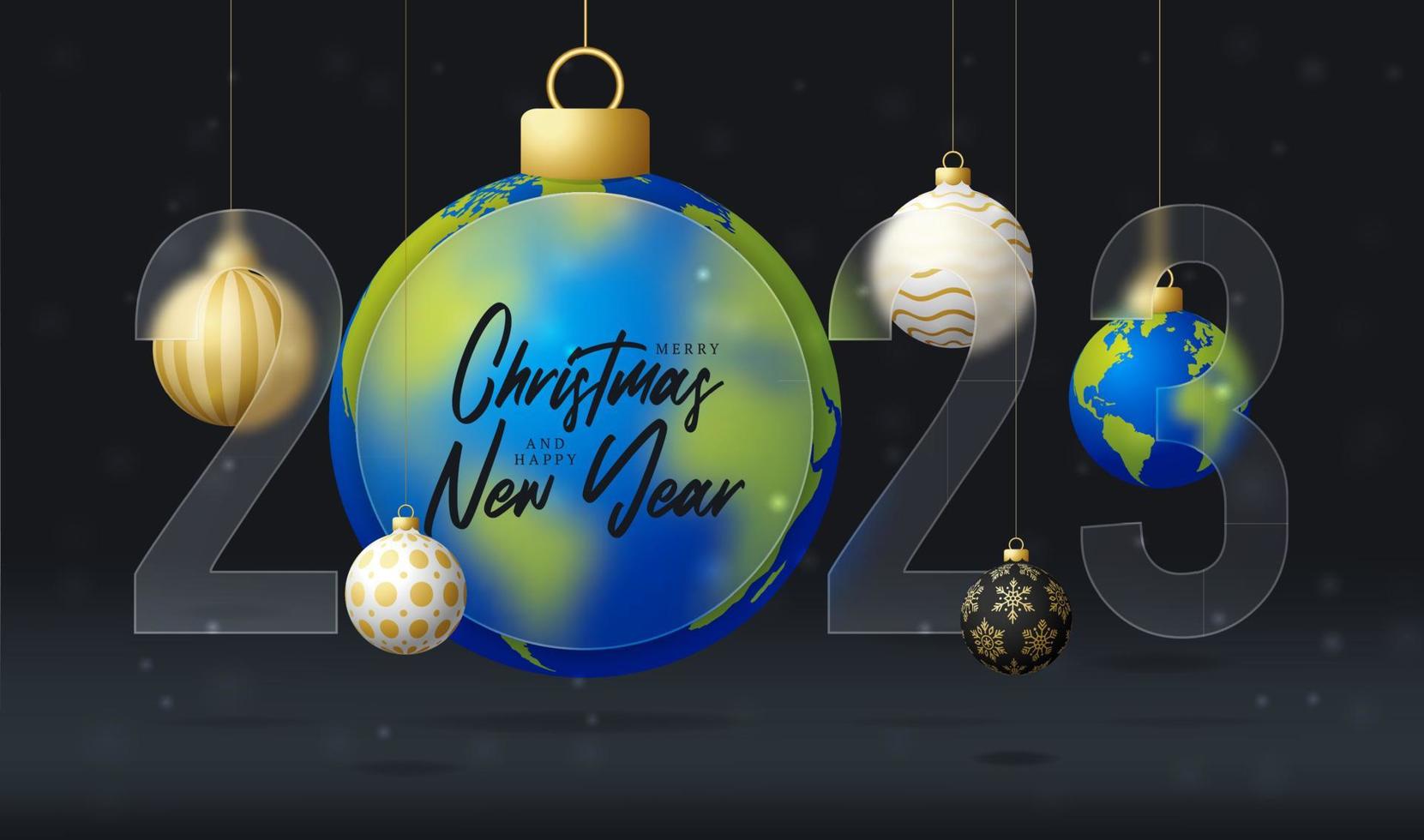 Planet earth 2023 sale banner or greeting card. Merry Christmas and happy new year 2023 sport banner with glassmorphism or glass-morphism blur effect. Realistic vector illustration