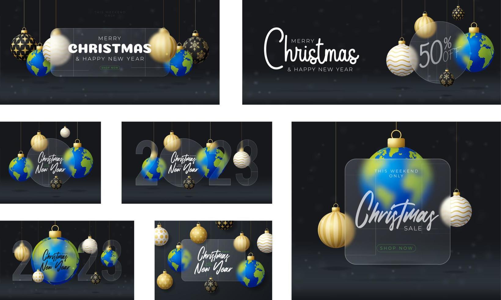 Planet earth Christmas sale banner or greeting card set. Merry Christmas and happy new year sport banner with glassmorphism or glass-morphism blur effect. Realistic vector illustration