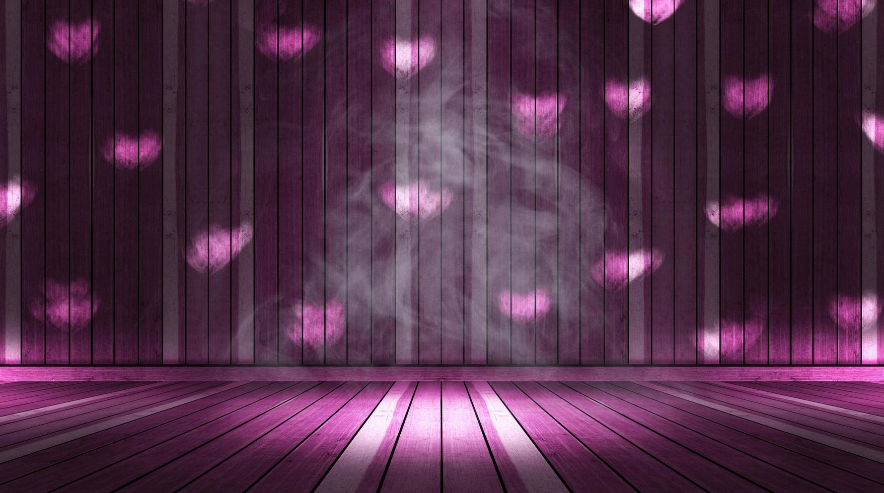 iluminación rosa en forma de corazón y humo en el escenario con madera de pared y piso, concepto de día de san valentín foto