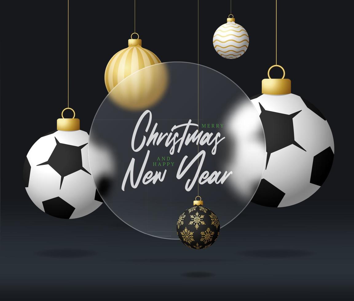 Soccer or football Christmas sale banner or greeting card. Merry Christmas and happy new year sport banner with glassmorphism or glass-morphism blur effect. Realistic vector illustration