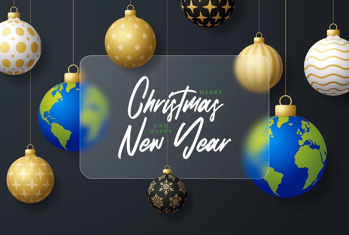 Planet earth Christmas sale banner or greeting card. Merry Christmas and happy new year sport banner with glassmorphism or glass-morphism blur effect. Realistic vector illustration