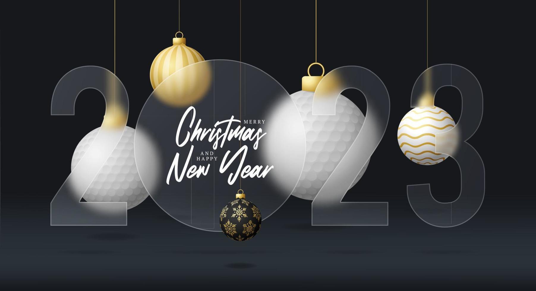 Golf 2023 sale banner or greeting card. Merry Christmas and happy new year 2023 sport banner with glassmorphism or glass-morphism blur effect. Realistic vector illustration