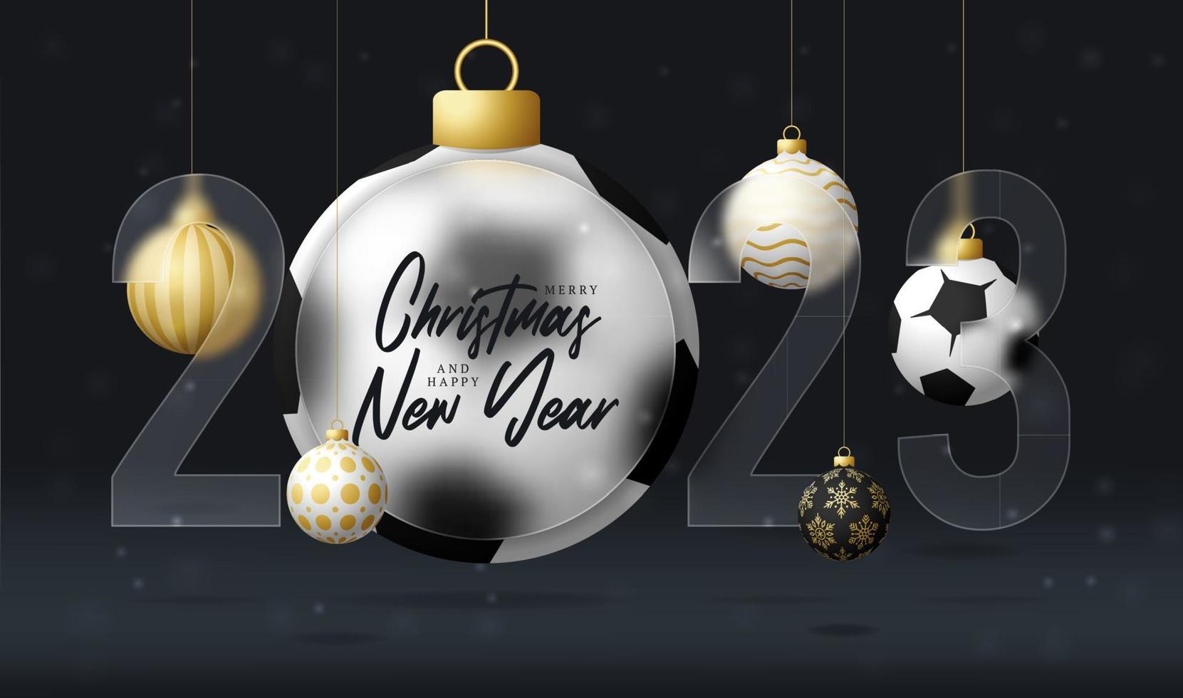 Soccer or football 2023 sale banner or greeting card. Merry Christmas and happy new year 2023 sport banner with glassmorphism or glass-morphism blur effect. Realistic vector illustration