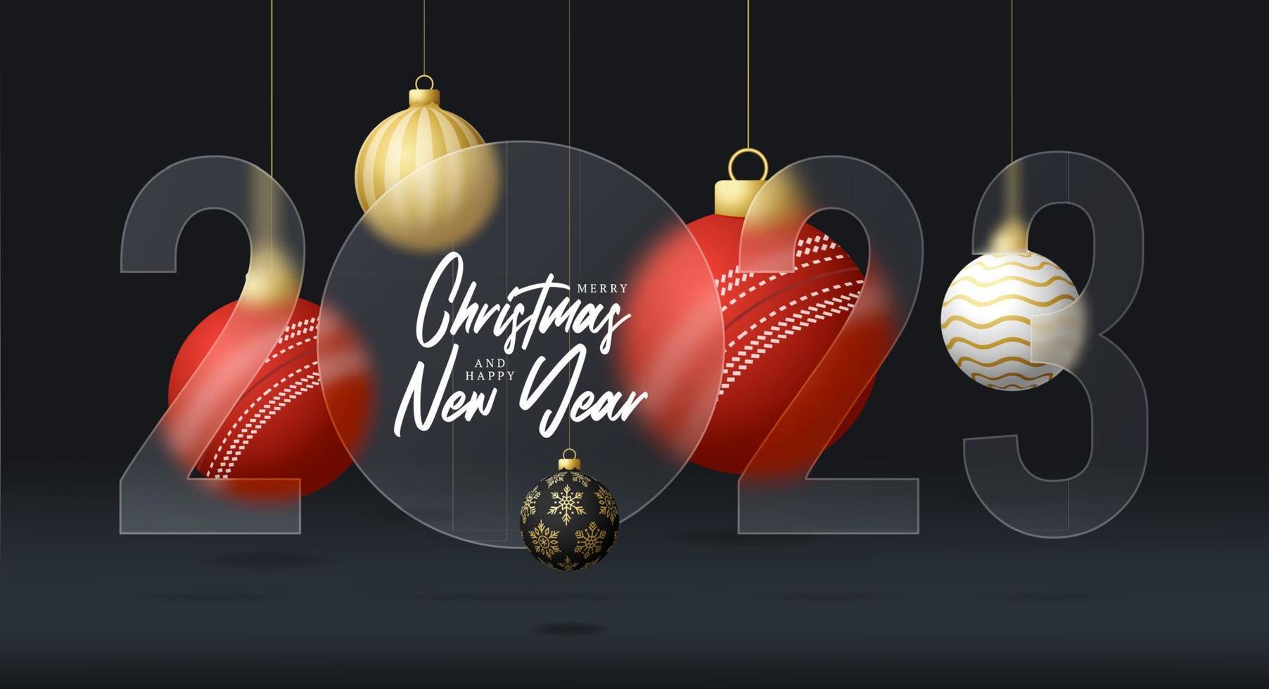 Cricket 2023 sale banner or greeting card. Merry Christmas and happy new year 2023 sport banner with glassmorphism or glass-morphism blur effect. Realistic vector illustration