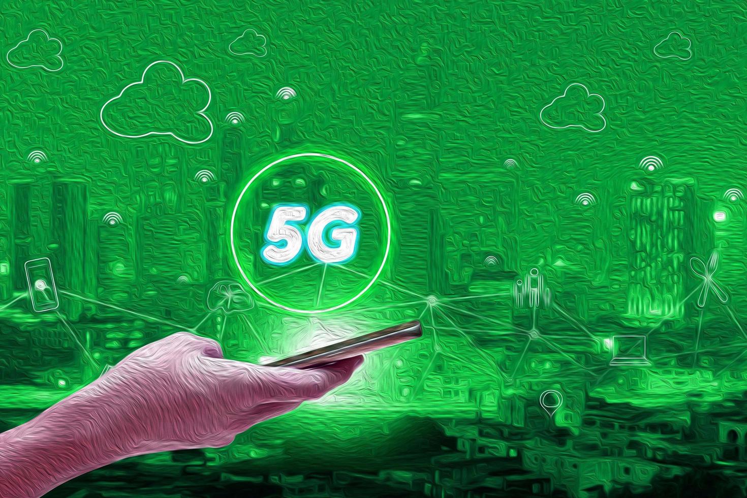 Abstract green oil paint with 5G network interface and icon concept,hand holding mobile smart phone with cityscape textured background photo