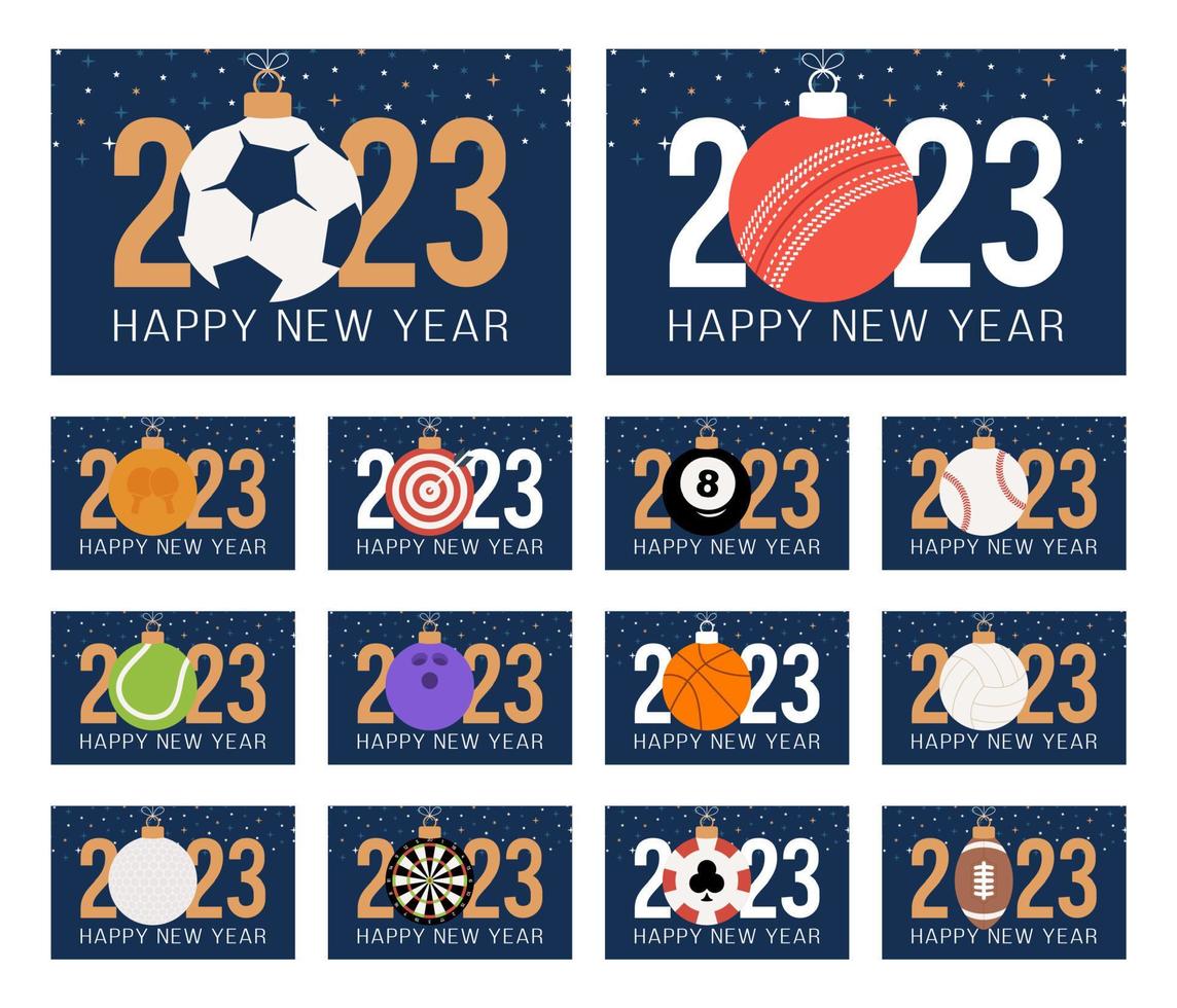 Juego de banners deportivos de año nuevo y navidad 2023. colección de tarjetas de felicitación de navidad con pelota deportiva como una bola de navidad sobre fondo azul con el número 2023. conjunto de ilustraciones vectoriales vector