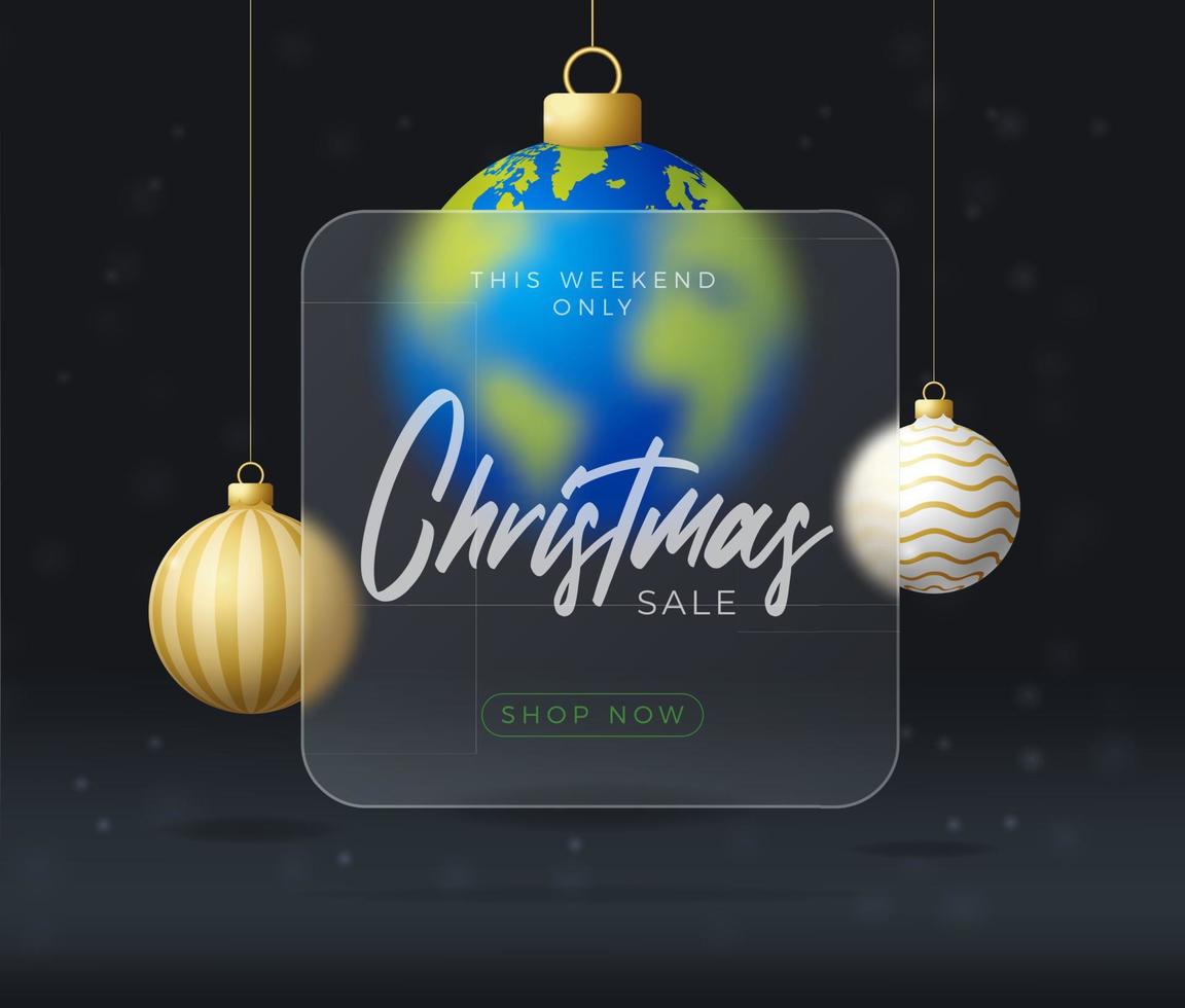 Planet earth Christmas sale banner or greeting card. Merry Christmas and happy new year sport banner with glassmorphism or glass-morphism blur effect. Realistic vector illustration