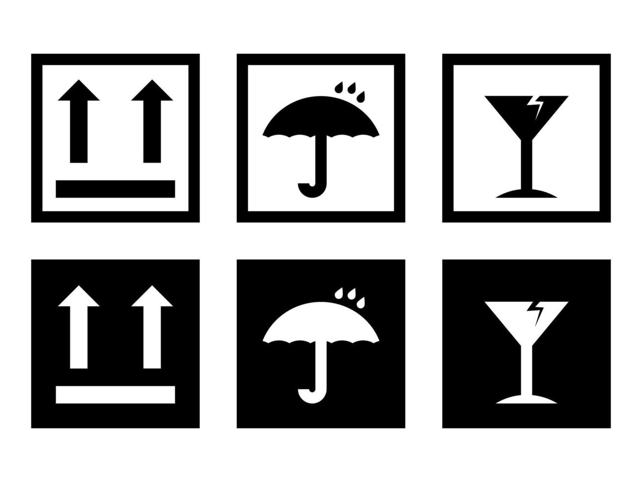 caja frágil, señales vectoriales de advertencia de carga colocadas en iconos de estilo moderno se encuentran en fondos blancos y negros. el paquete tiene seis iconos. vector