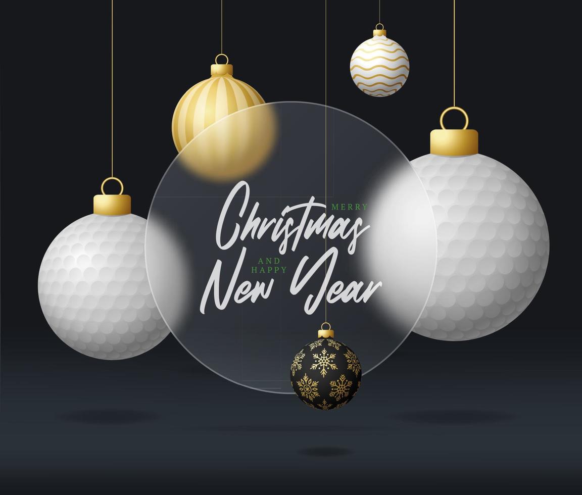 banner de venta de navidad de golf o tarjeta de felicitación. feliz navidad y feliz año nuevo banner deportivo con efecto de desenfoque de morfismo de vidrio o morfismo de vidrio. ilustración vectorial realista vector