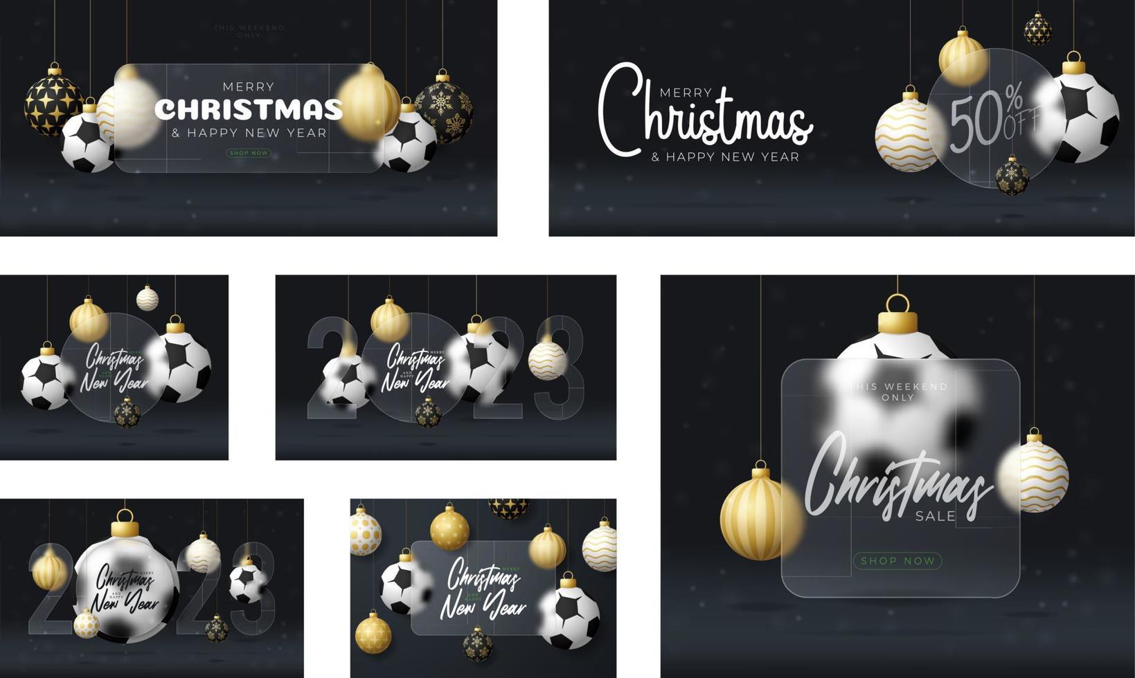 Conjunto de banner o tarjeta de felicitación de venta de Navidad de fútbol o fútbol. feliz navidad y feliz año nuevo banner deportivo con efecto de desenfoque de morfismo de vidrio o morfismo de vidrio. ilustración vectorial realista vector