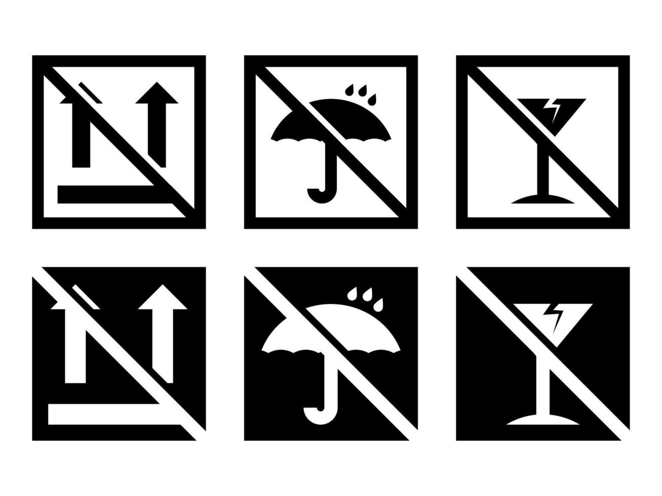 Crossed out fragile box, cargo warning vector signs set in modern style icons are located on white and black backgrounds. The pack has six icons.