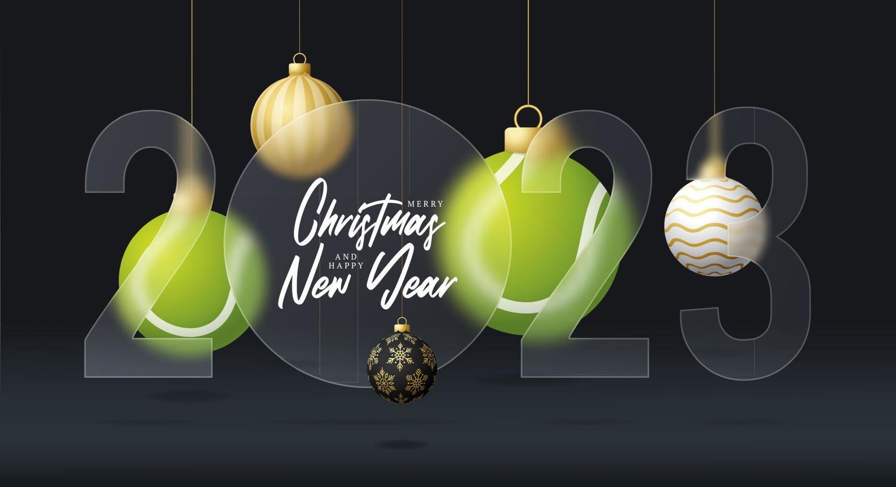 Tennis 2023 sale banner or greeting card. Merry Christmas and happy new year 2023 sport banner with glassmorphism or glass-morphism blur effect. Realistic vector illustration