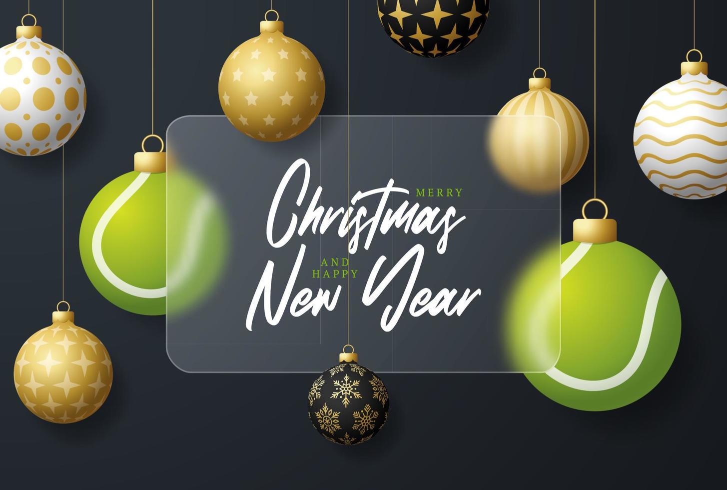 Tennis Christmas sale banner or greeting card. Merry Christmas and happy new year sport banner with glassmorphism or glass-morphism blur effect. Realistic vector illustration