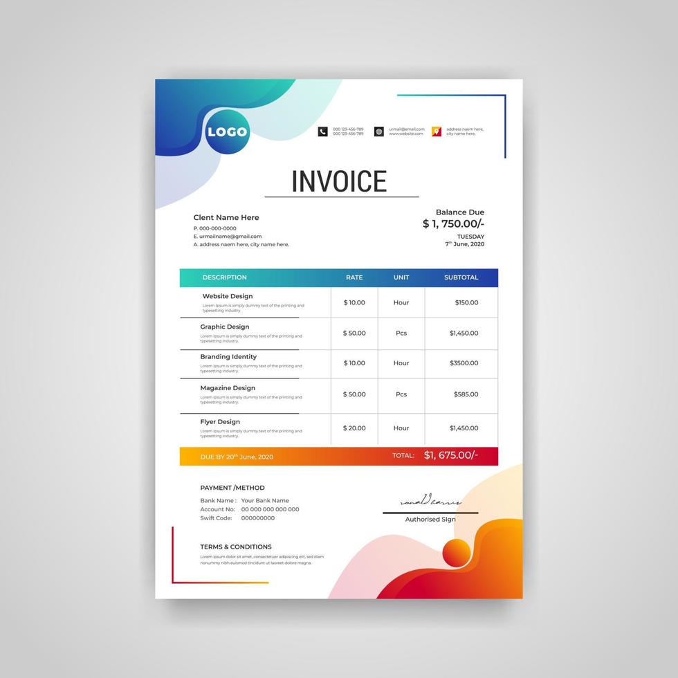 plantilla de factura de negocio colorida moderna abstracta. la hoja de papel de la plantilla de diseño de factura de cotización incluye contabilidad, precio, impuestos y cantidad. ilustración vectorial del documento financiero vector